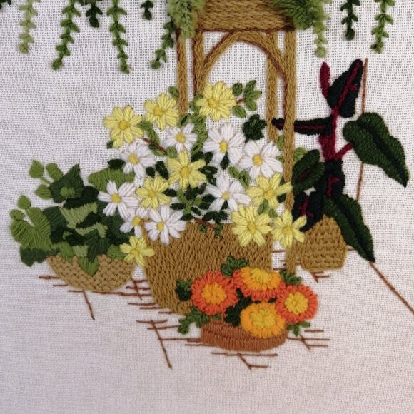 Vintage Finished Crewel Embroidery MCM 3D Fern Flowers Sunset 1975 16x20 Inches - Picture 6 of 11